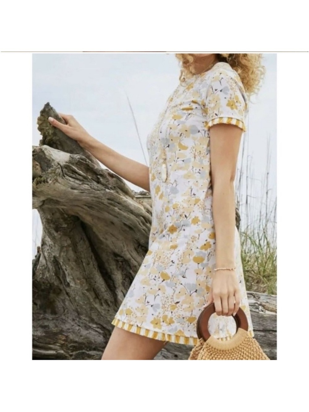 Spartina 449 White and Yellow Island Fringe Salt Marsh Floral Mini Dress